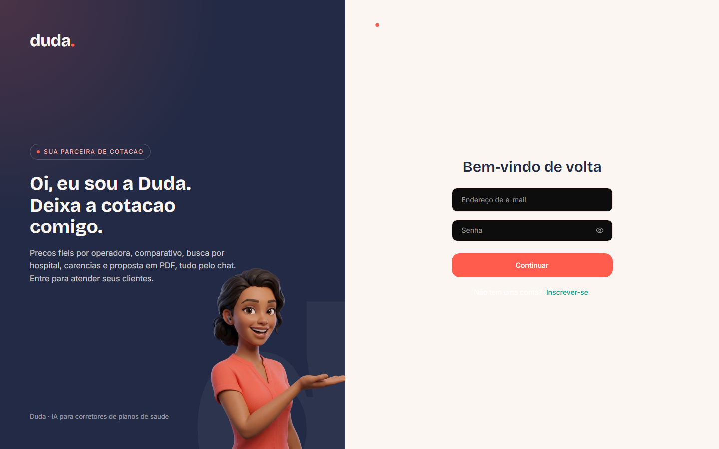 Tela de acesso do corretor na Duda